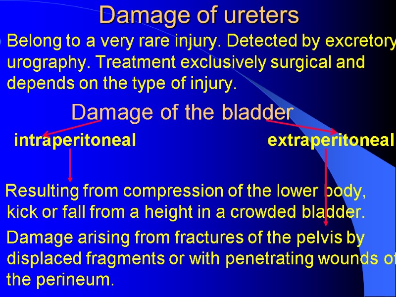 Damage of ureters Belong to a very rare injury. Detected by excretory urography. Treatment Damage of ureters Belong to a very rare injury. Detected by excretory urography. Treatment